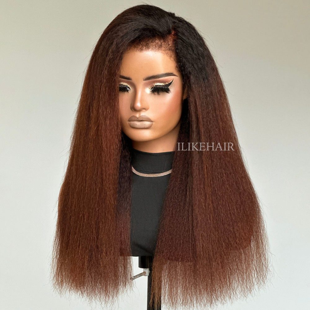 Ombre Brown Kinky Straight With Hybrid Hairline 9x4 HD Lace Glueless Wig