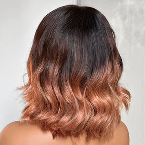 
            
                Load image into Gallery viewer, Ombre Brown Shoulder Length Wavy Bob 5x5 Lace Closure Wig With Bang
            
        