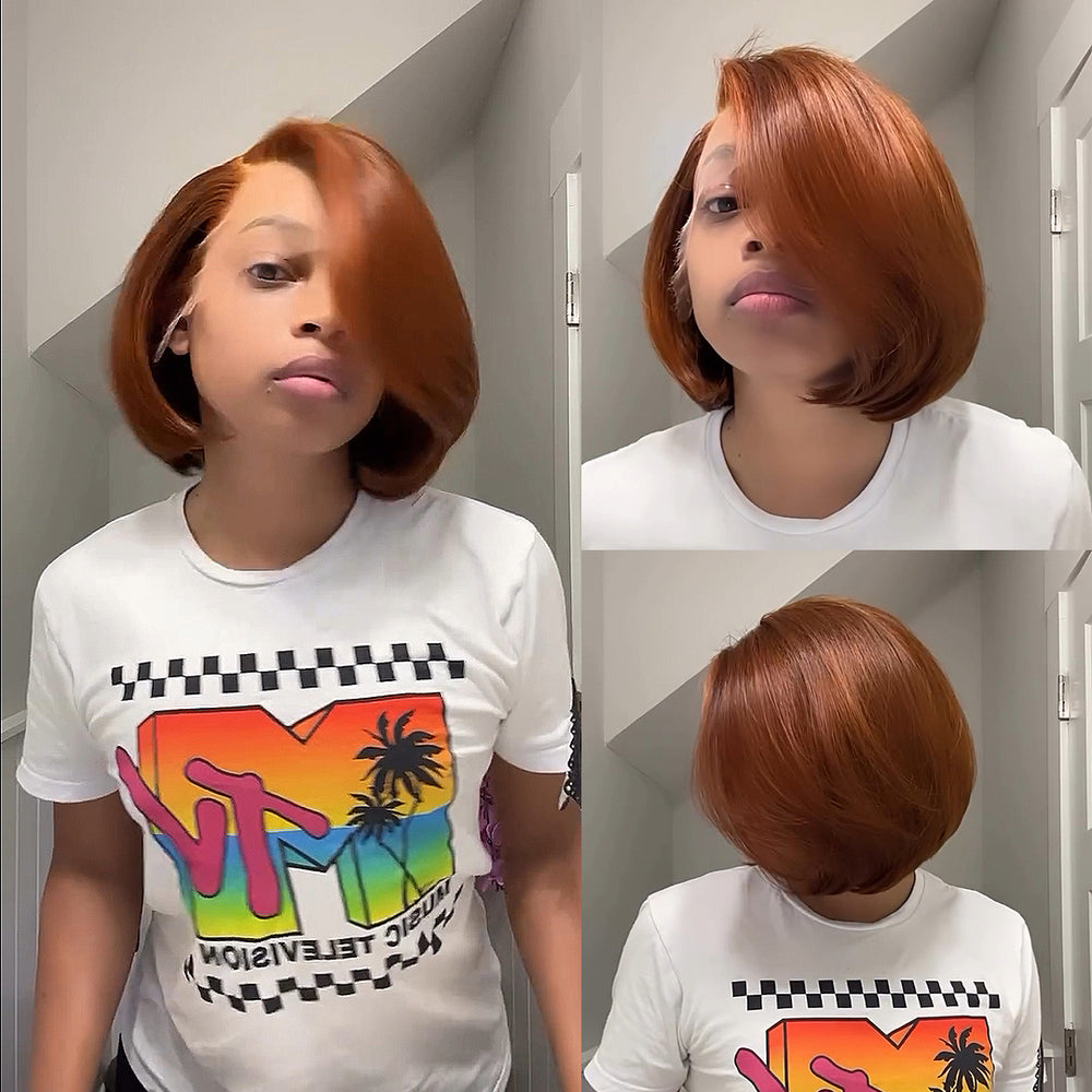 Copper Brown Wavy Layered Bob 13x4 Lace Front Wig