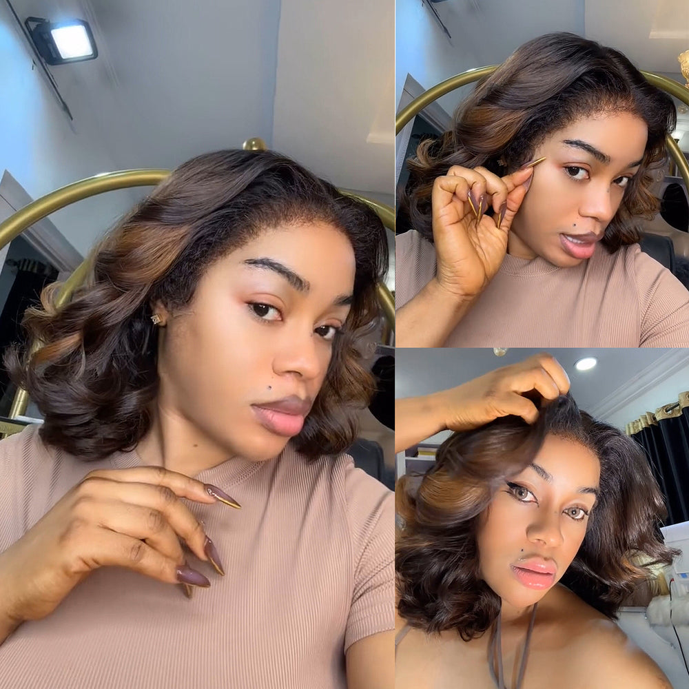 Honey Blonde Highlights Kinky Edges Layered Cut Wavy HD Lace Wig