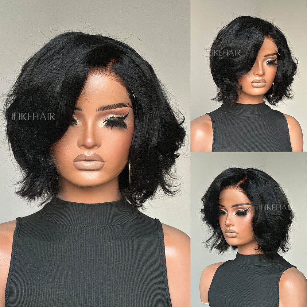 Natural Black Layered Fluffy Bob 5x5 Lace Closure Wig