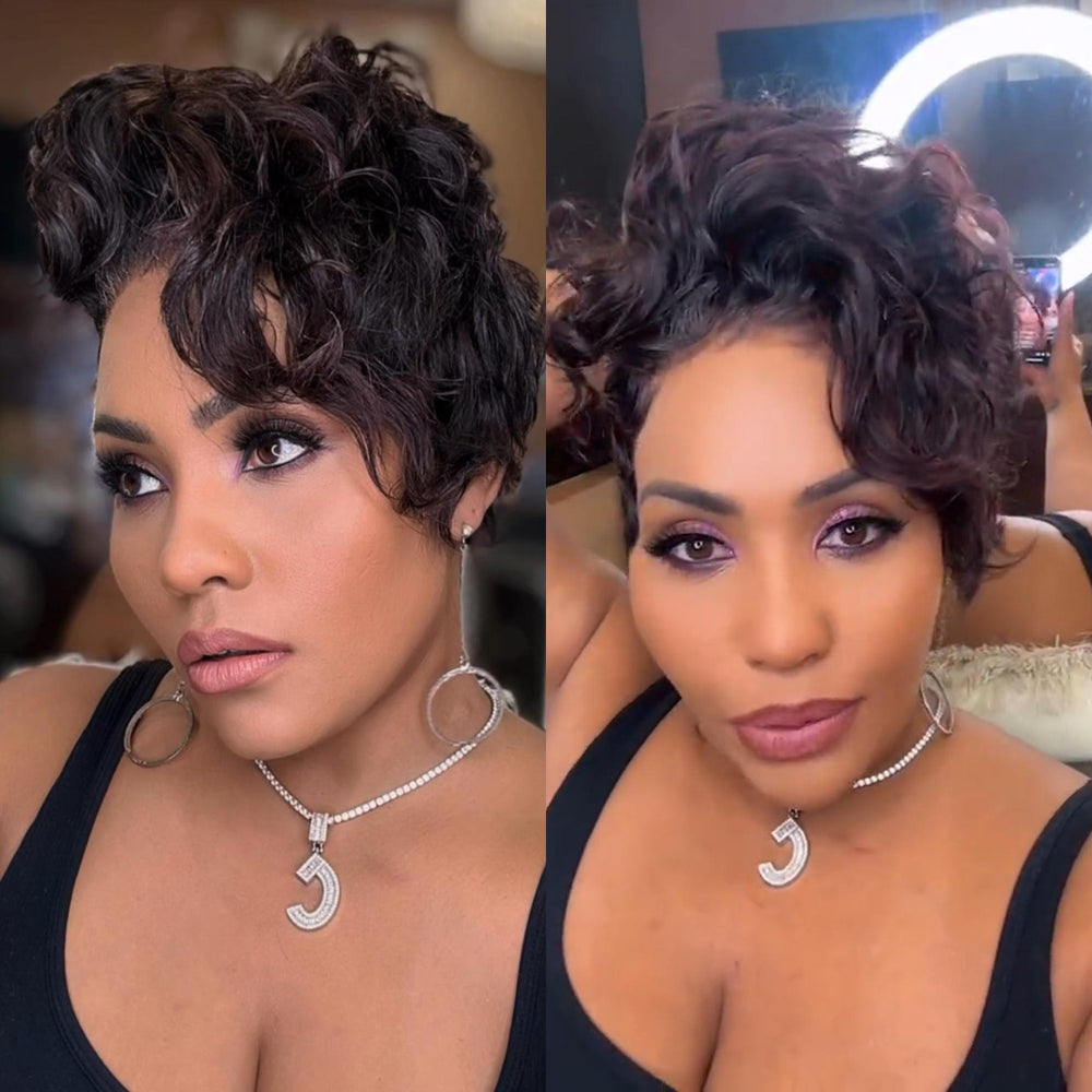 Side Bang Wave Curls Full Lace Short Pixie Cut Wig