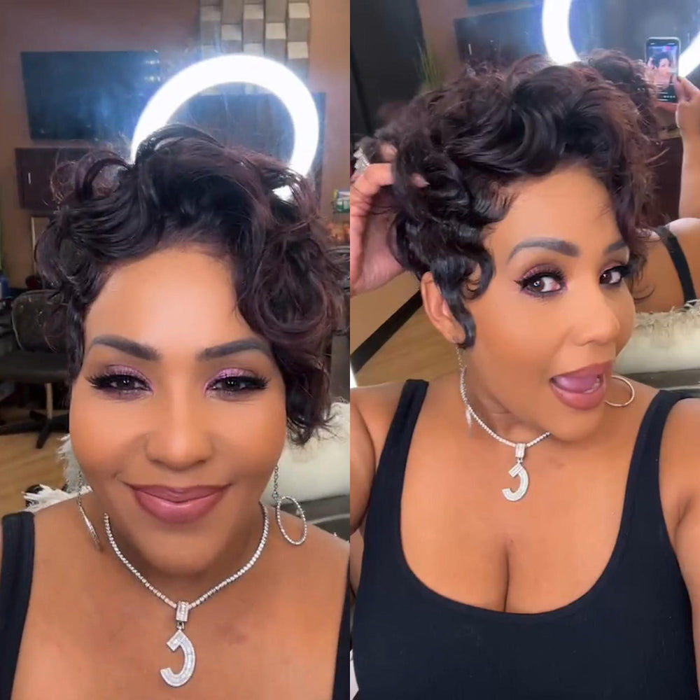 Side Bang Wave Curls Full Lace Short Pixie Cut Wig
