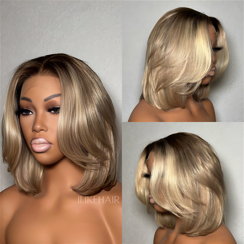 Ombre Ash Blonde Layered Cut Blowout Bob 13×4 Lace Frontal Wig