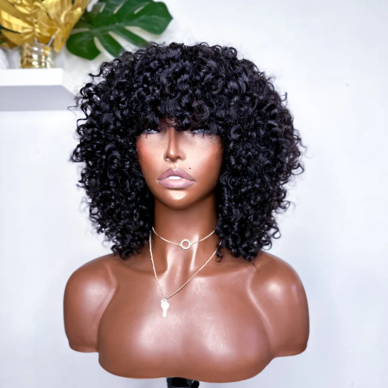 Put On & Go Kinky Curly Bob Natural Black Human Hair Wig With Bangs