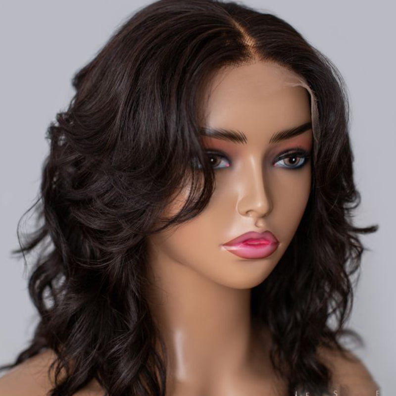 
            
                Load image into Gallery viewer, Designer Layered Short Wavy Human Hair 5x5 Lace Closure Wig - 10 inches
            
        