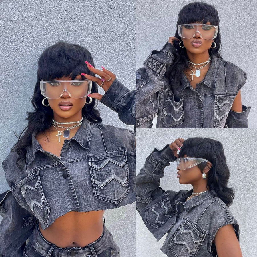 
            
                Load image into Gallery viewer, Short Glueless Mullet Wigs For Women Girls 80s 90s Human Hair Natrual Black
            
        