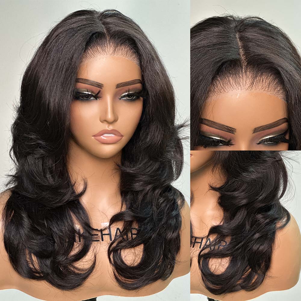
            
                Load image into Gallery viewer, Layered Cut Wavy Human Hair Lace Front Wig With Butterfly Bangs
            
        