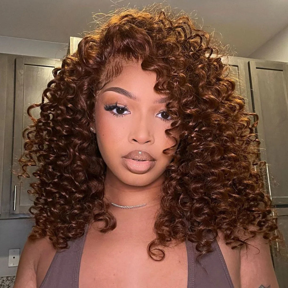 Put On ＆ Go Chocolate Reddish Brown Glueless Bouncy Curly 13x4 Lace Front Wig