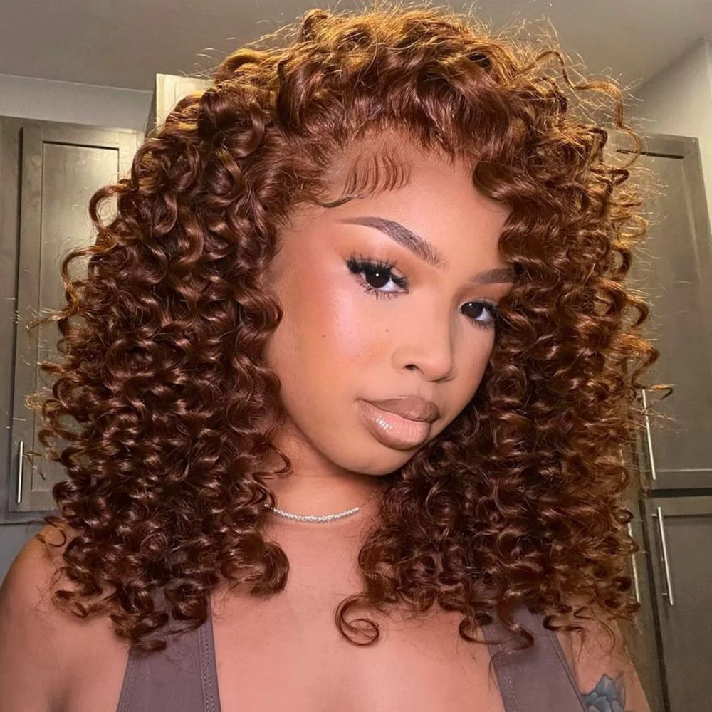 Put On ＆ Go Chocolate Reddish Brown Glueless Bouncy Curly 13x4 Lace Front Wig