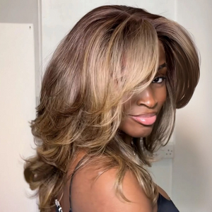 613 Balayage Blonde Highlight Mix Black Layered Cut Wave Lace Wig