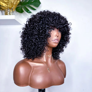 Put On & Go Kinky Curly Bob Natural Black Human Hair Wig With Bangs