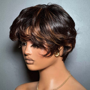 Glueless Brown Highlight Layered Pixie Cut Wig With Bangs