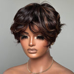 Glueless Brown Highlight Layered Pixie Cut Wig With Bangs