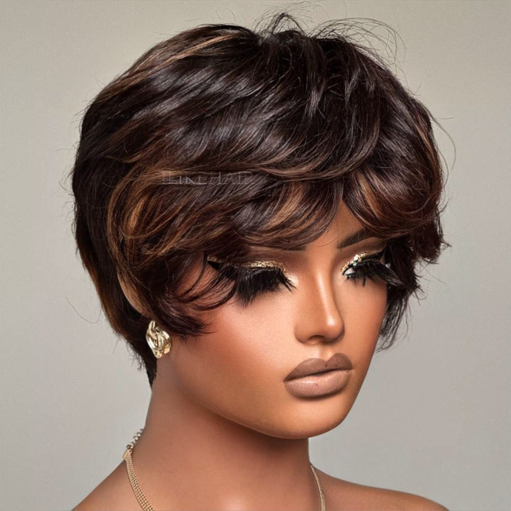 Glueless Brown Highlight Layered Pixie Cut Wig With Bangs