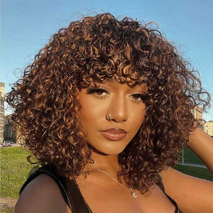 Glueless Blonde Highlight Curly Hair Wig With Bangs