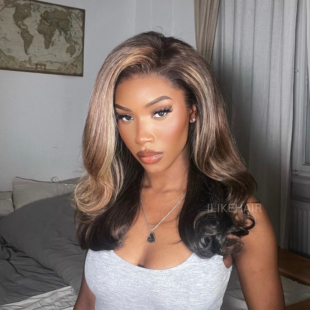 Brown With Blonde Highlights Side Part Layered Wavy 13x4 Lace Frontal Wig