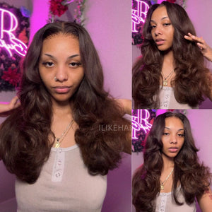 Chocolate Brown Long Layered Wavy With Curtain Bangs 4x4 Lace Closure Wig