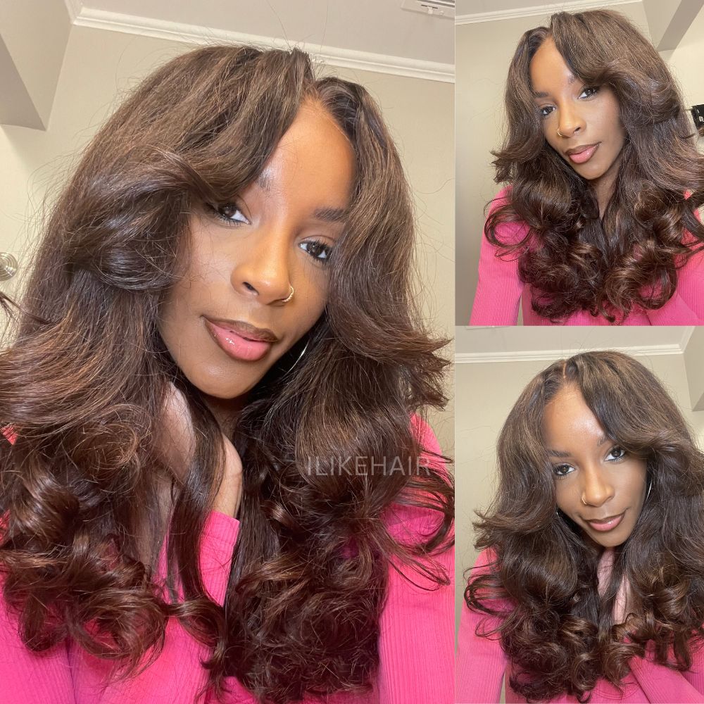 Chocolate Brown Long Layered Wavy With Curtain Bangs 4x4 Lace Closure Wig