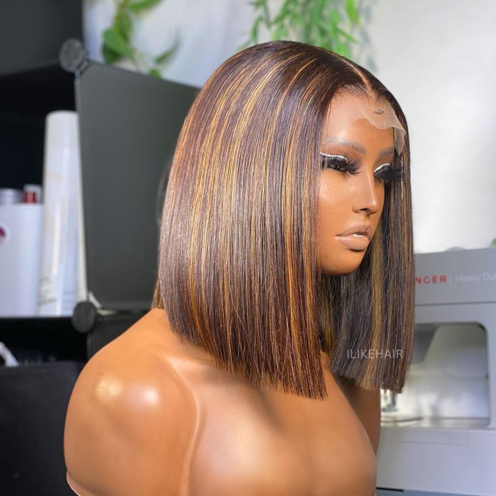 Brown Highlights Straight Blunt Cut Bob 5x5 Lace Closure Wig