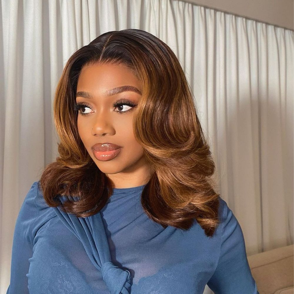 Medium Brown with Golden Blonde Highlights Short Layered Wavy Lace Wig