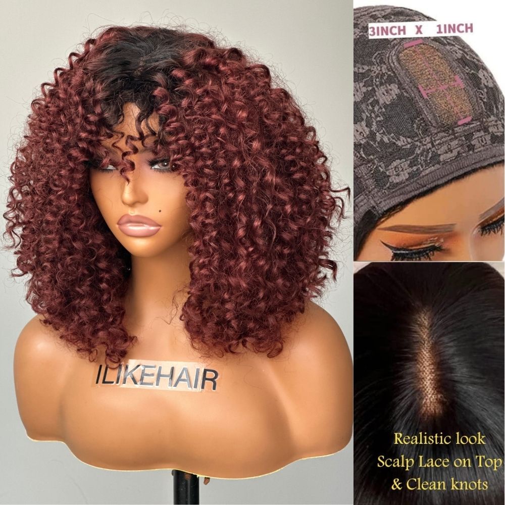 Wear & Go Reddish Brown With Dark Root Curly Bob Wig With Bangs