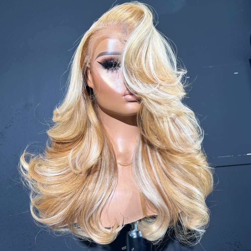 Blonde Highlight Layered Cut Side Part Wavy 13X4 Lace Front Wig