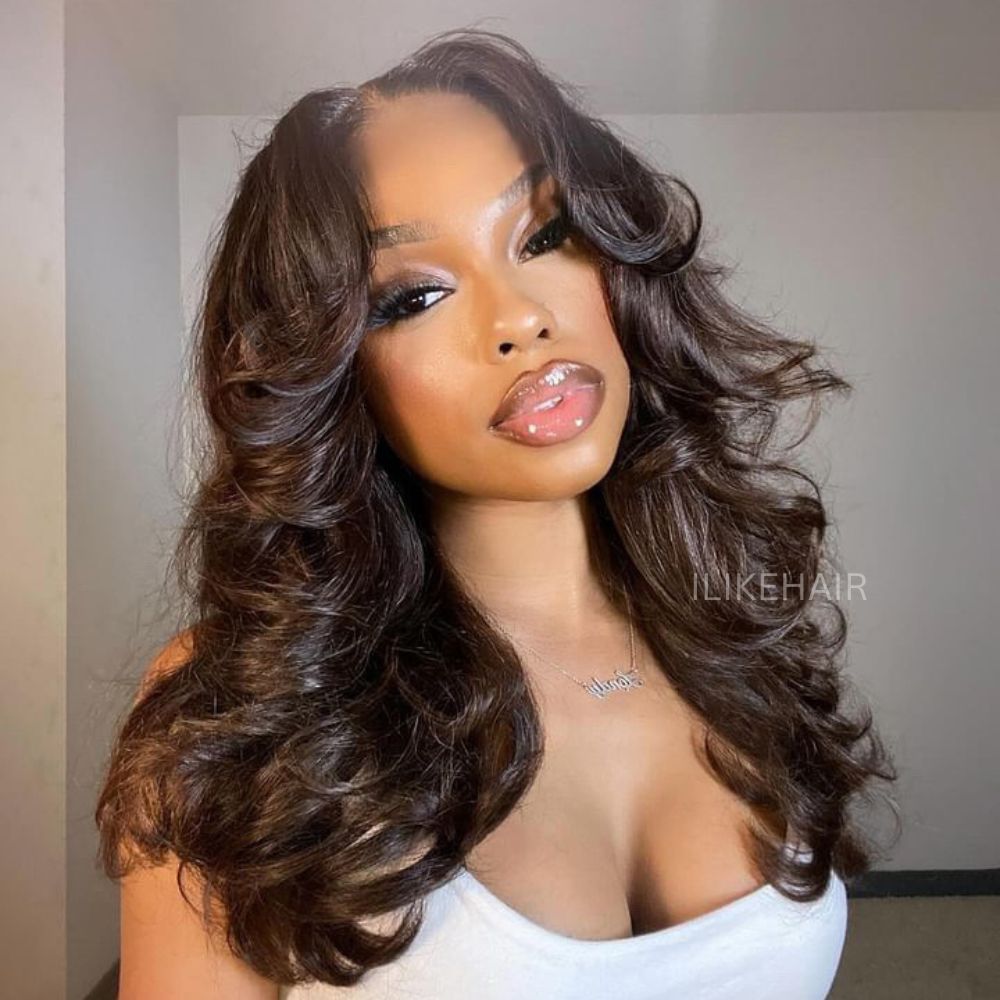 Face Framing Cocona Brown Layered Wavy With Curtain Bangs Lace Closure Wig