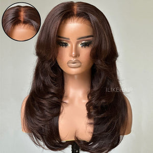 Dark Brown Long Layered Wavy With Curtain Bangs 5x5 Lace Closure Wig