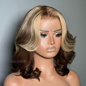 Shoulder Length Chocolate Brown With Blonde Highlights Layered Cut 13x4 Lace Front Wig