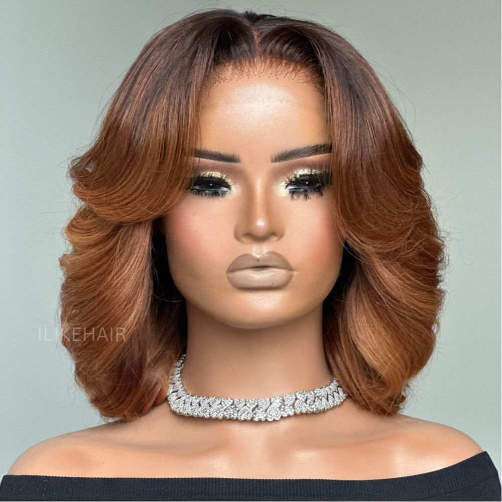 Luxurious Layered Short Ombre Light Brown Glueless 5x5 Lace Closure Wig