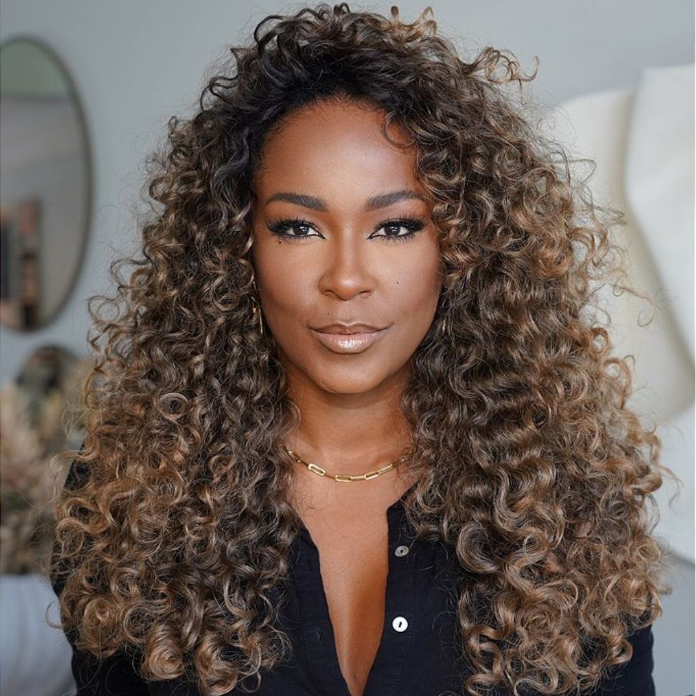 Glueless Honey Brown Mix Blonde Highlights Curly 5x5 Lace Closure Wig