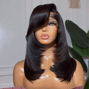 Trendy Layered Cut Wavy Lace Closure Wig With Side Bangs