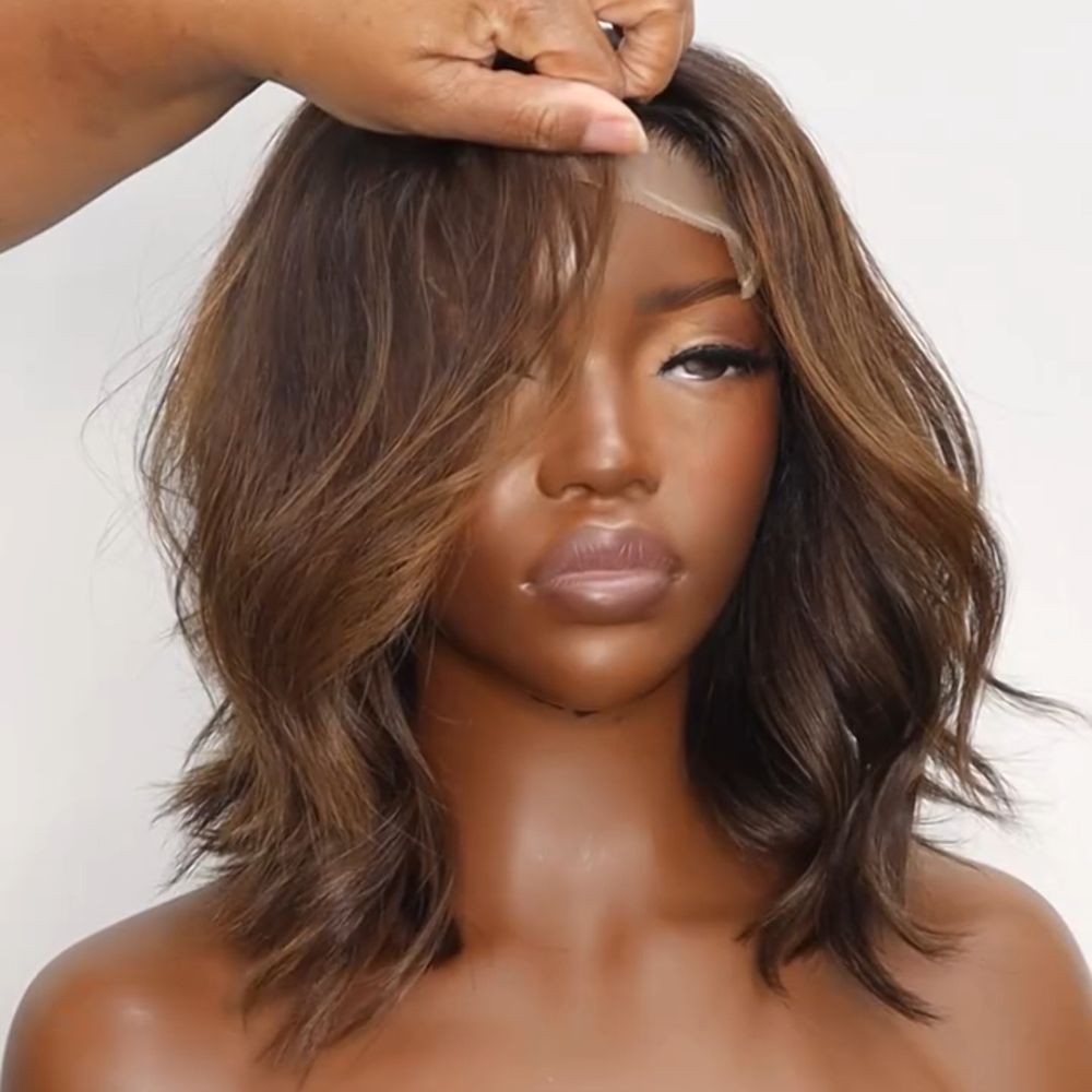 Glueless Brown Highlight Fluffy Bob Cut 5x5 Lace Closure Wig