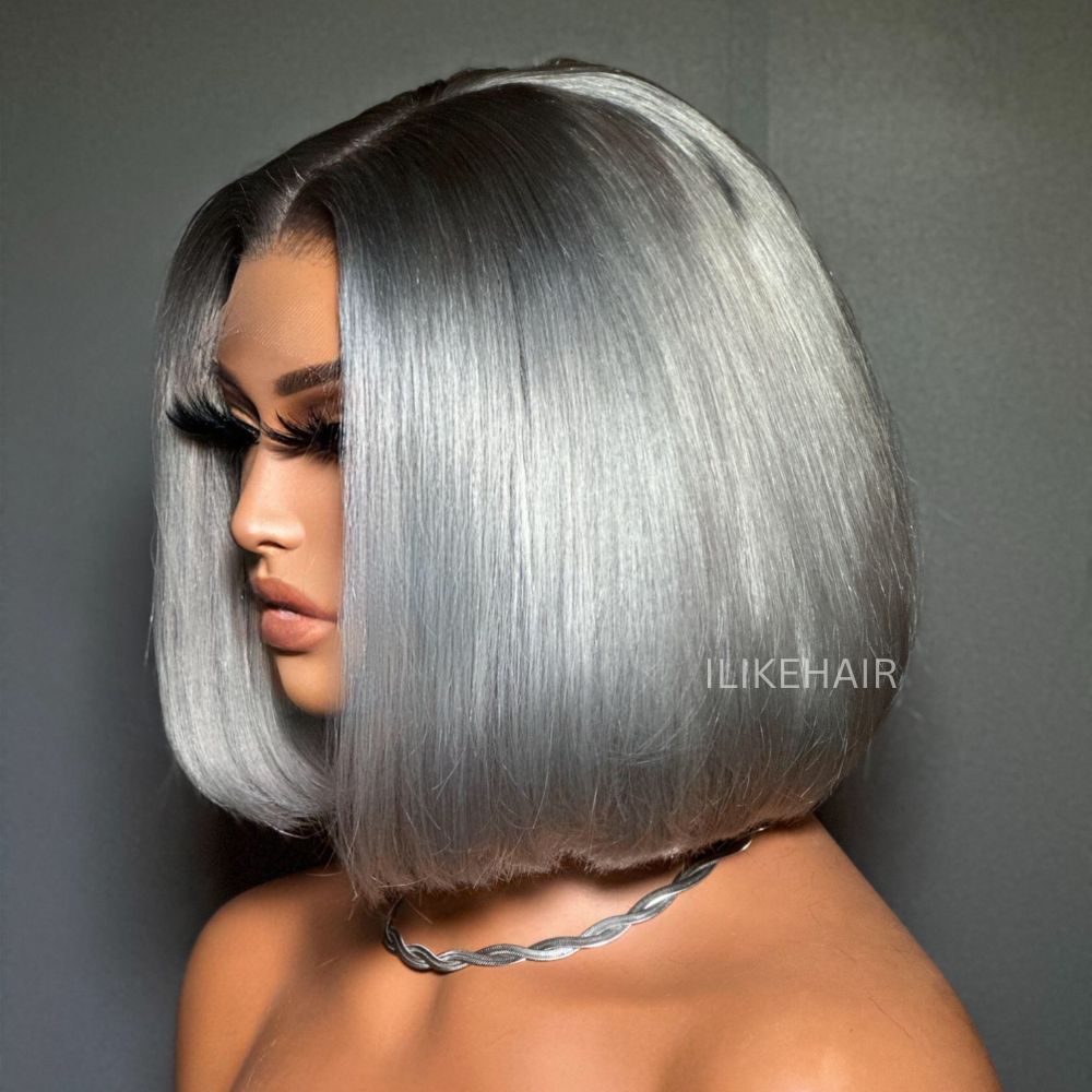 Short Ash Grey Silky Bob 13x4 Lace Front Wig