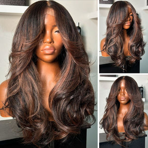 Black with Auburn Highlights Body Wave Lace Closure Wig