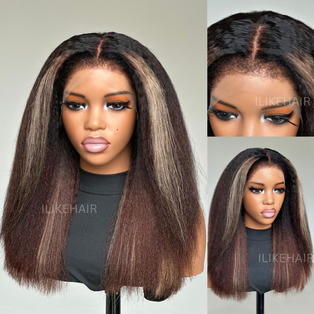 Blonde Highlight Kinky Straight With 4C Kinky Edges 13x4 HD Lace Front Wig
