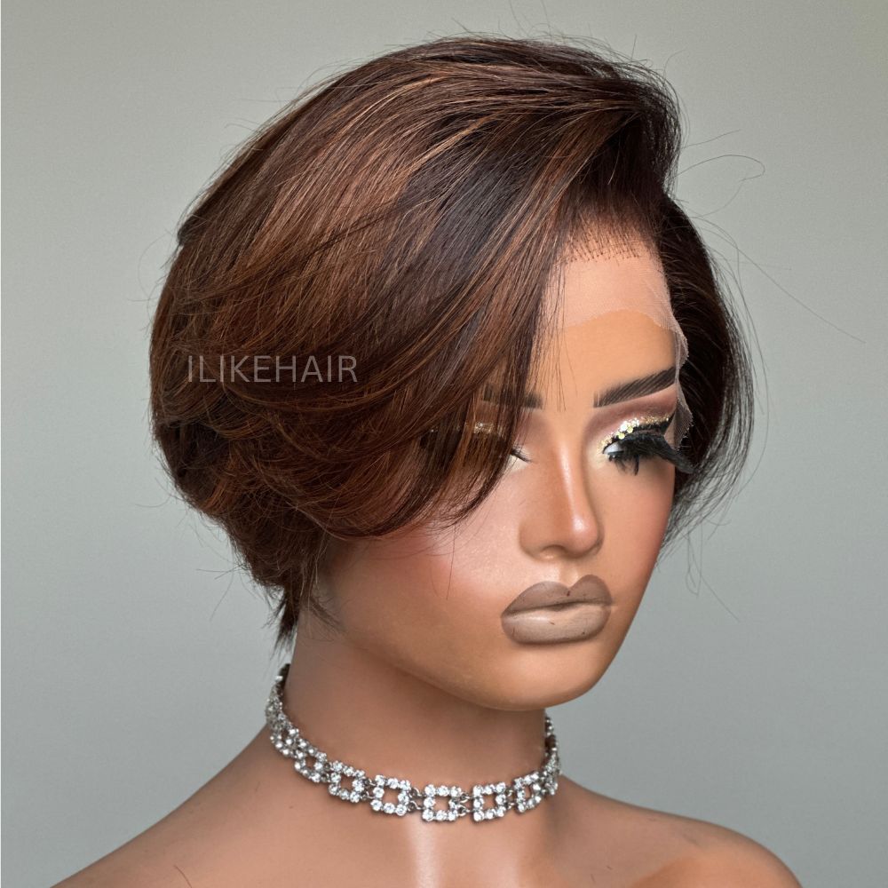 Boss Vibe Brown Highlights Layered Pixie Cuts Lace Wig