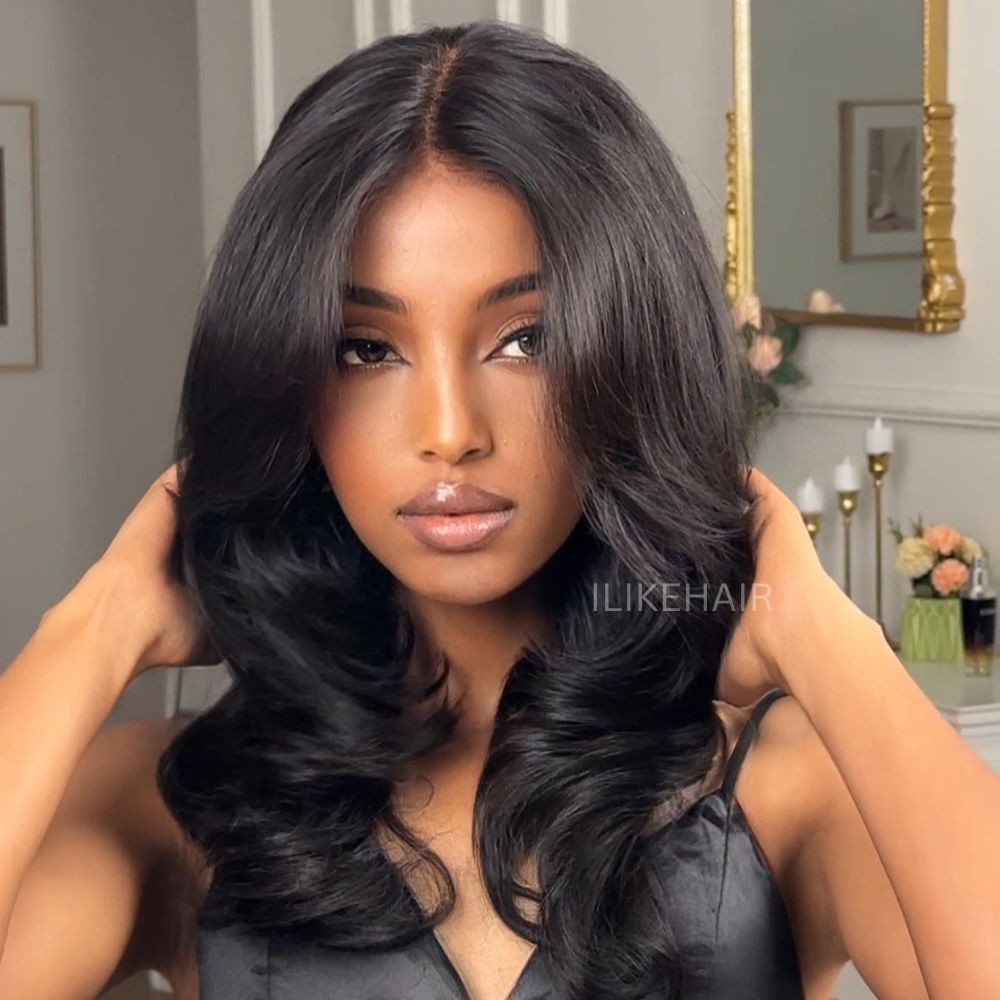 Put on & Go Layered Wavy Curtain Bangs Pre Cut Lace Closure Wig