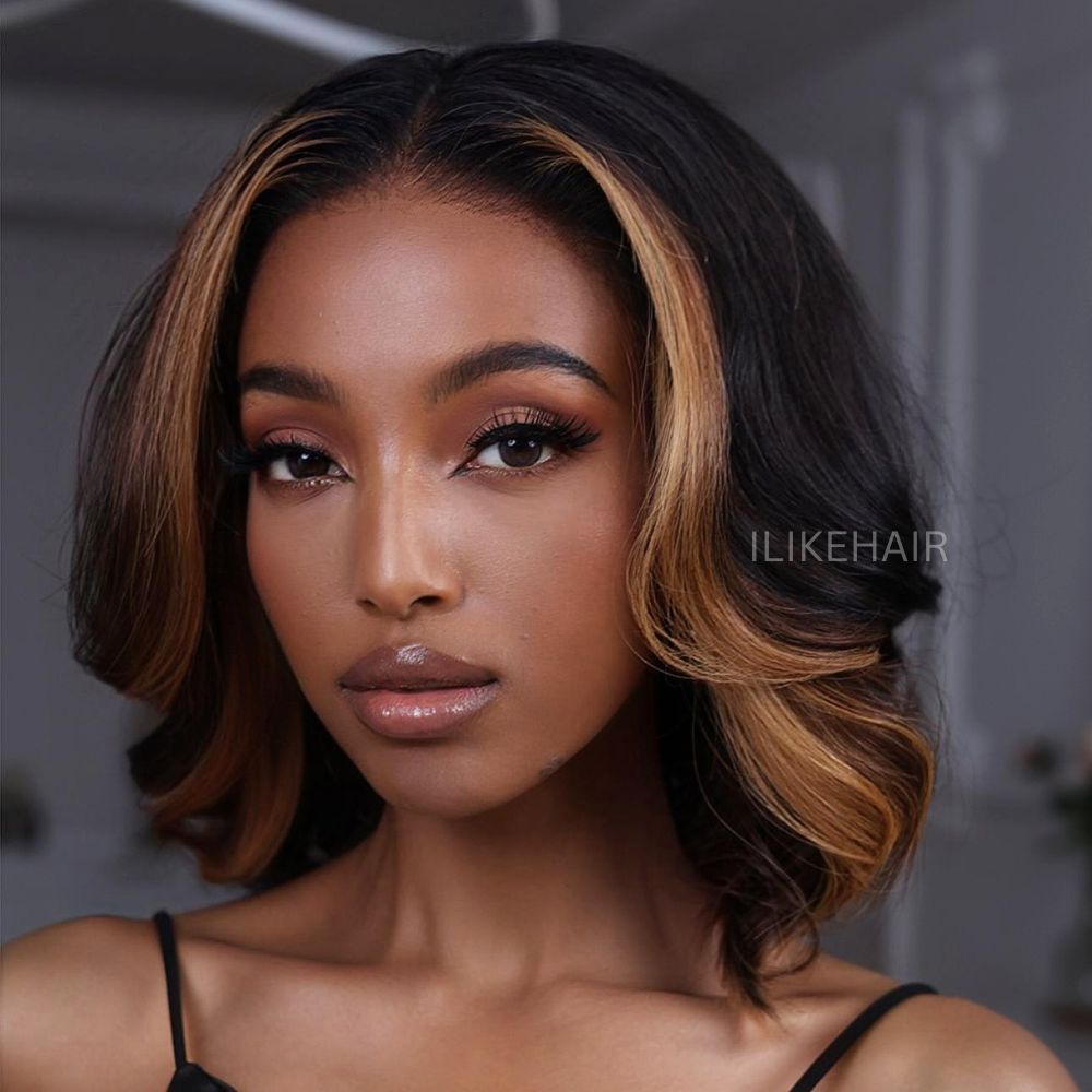 Short Cut Bob Honey Blonde Highlights Lace Wig