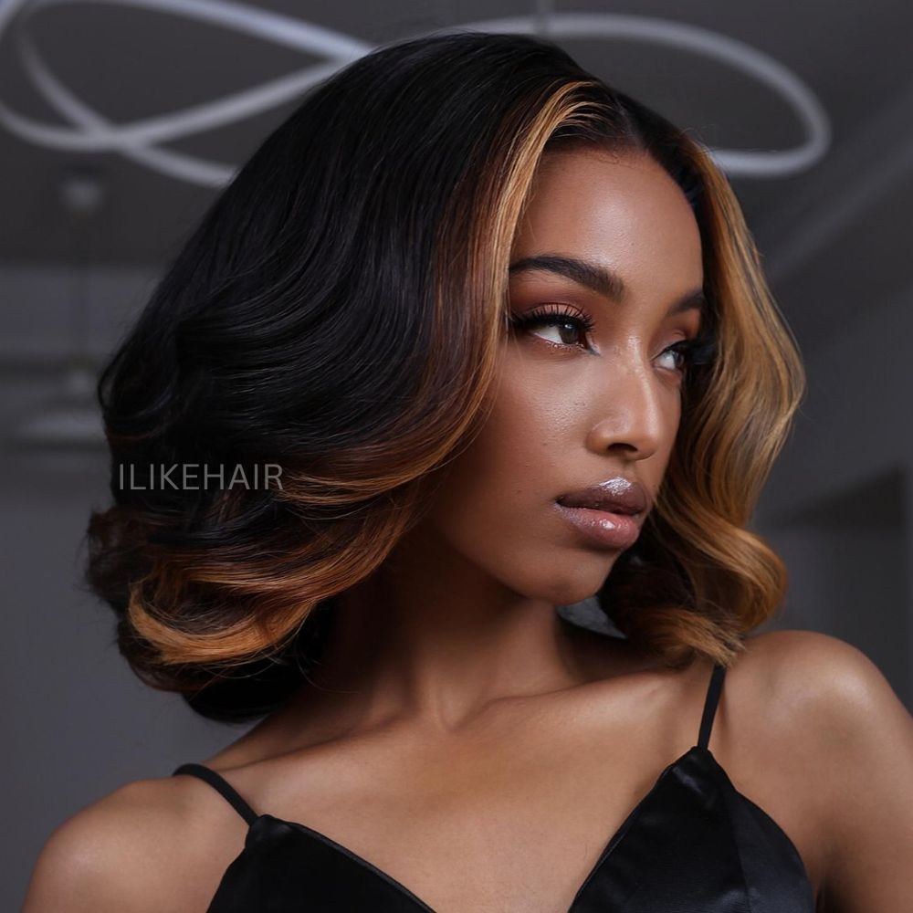 Short Cut Bob Honey Blonde Highlights Lace Wig