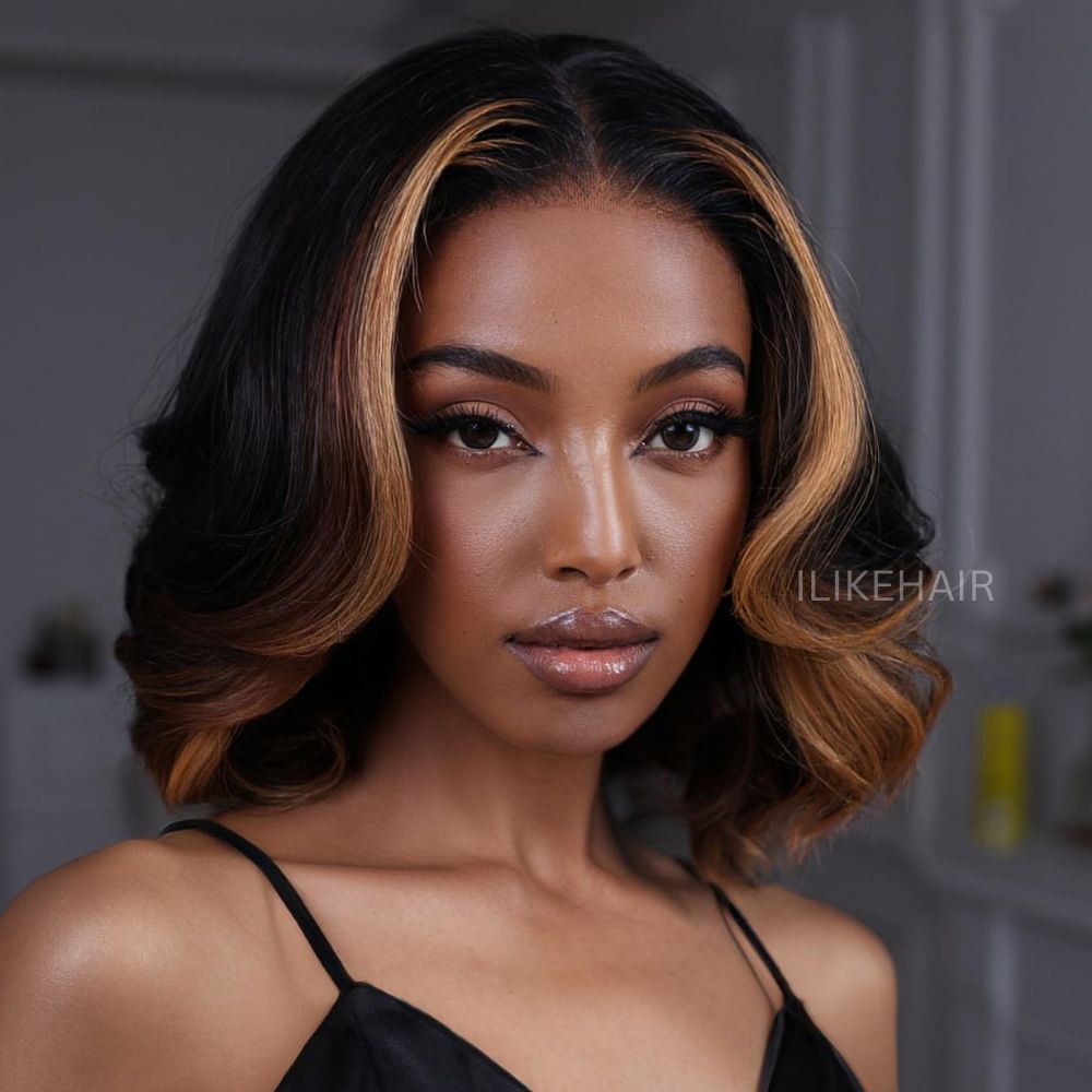 Short Cut Bob Honey Blonde Highlights Lace Wig