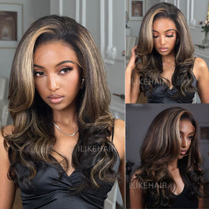 Blonde Highlight With Dark Brown Layered Wavy Lace Wig