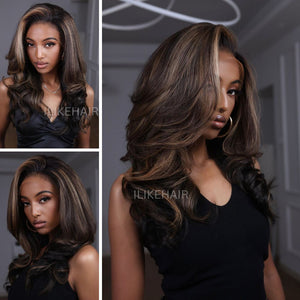 Blonde Highlight With Dark Brown Layered Wavy Lace Wig