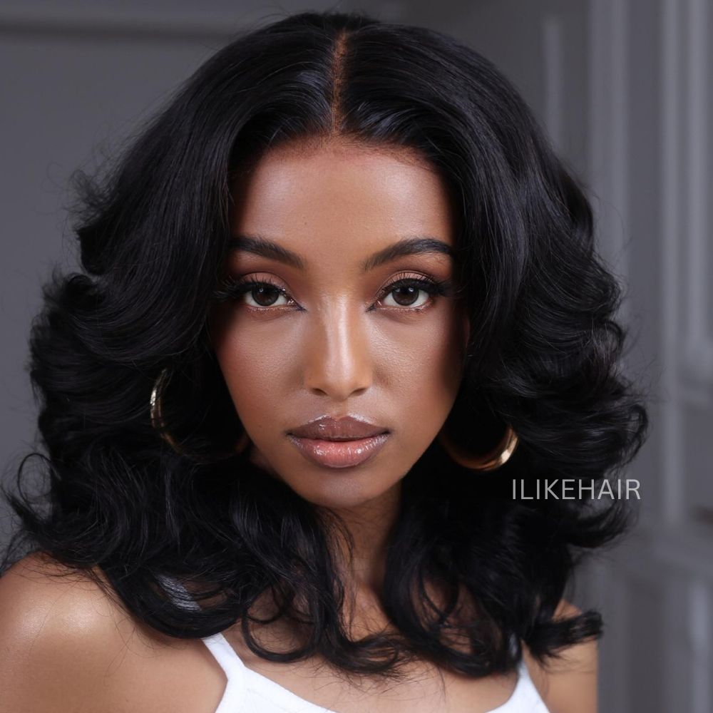 Put on & Go Designer Layered Curtain Bangs Wavy Lace Closure Wig