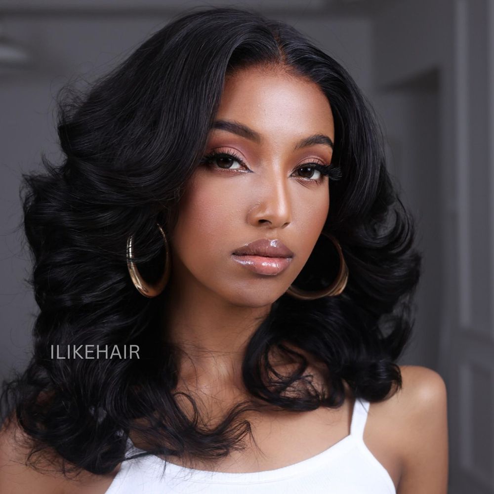 Glueless Layered Wavy Pre-cut With Curtain Bangs Lace Closure Wig