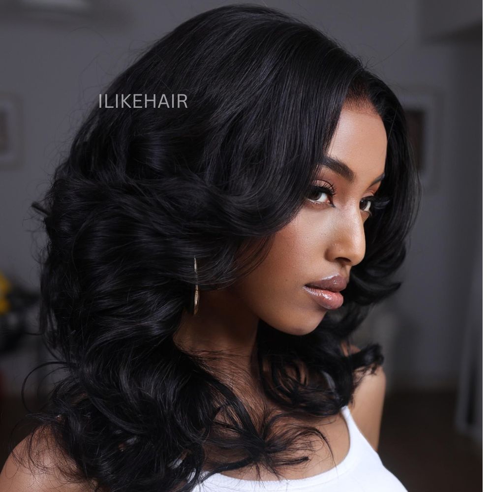 Glueless Layered Wavy Pre-cut With Curtain Bangs Lace Closure Wig