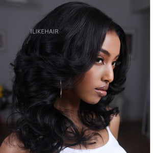 Put on & Go Designer Layered Curtain Bangs Wavy Lace Closure Wig