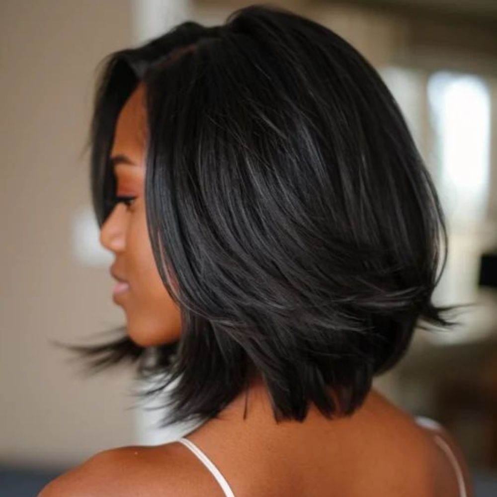 Chic Natural Black Layered Cut Bob Lace Closure Wig