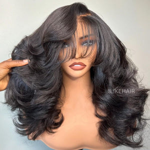 Layered Cut 5x5 Closure Wavy Glueless Lace Wig Side Bangs Human Hair